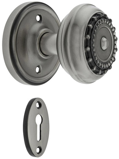 Classic Rosette Mortise Lock Set With Meadows Design Knobs in Antique Pewter finish.